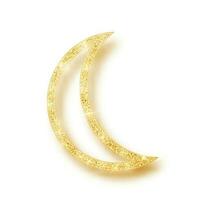 Gold shiny glitter glowing half moon with shadow isolated on white background. Crescent Islamic for Ramadan Kareem design element. Vector illustration