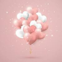 Happy Valentines Day background, flying bunch of pink and white helium balloon in form of heart. Vector illustration