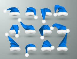 Blue Santa Claus hat isolated on gray background. Gradient mesh Santa Claus cap with fur. Vector illustration