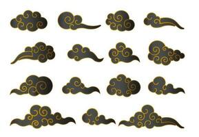 Cloud in Chinese style. Abstract black and gold cloudy set isolated on white background. Vector illustration