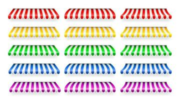 Realistic striped shop sunshade. Store awning. Shop tent isolated set. Vector illustration