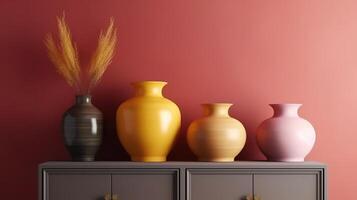 Colorful pottery on a shelf home decor. photo