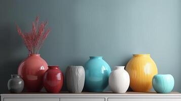 Vases on chest of drawers close up near wall. photo