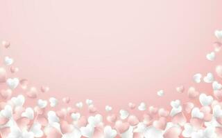 Happy Valentines Day background, pink and white hearts on light pink background. Vector illustration