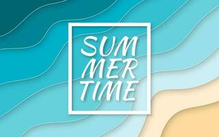 Summer time. Paper cut style blue sea and beach summer background with frame. Vector illustration