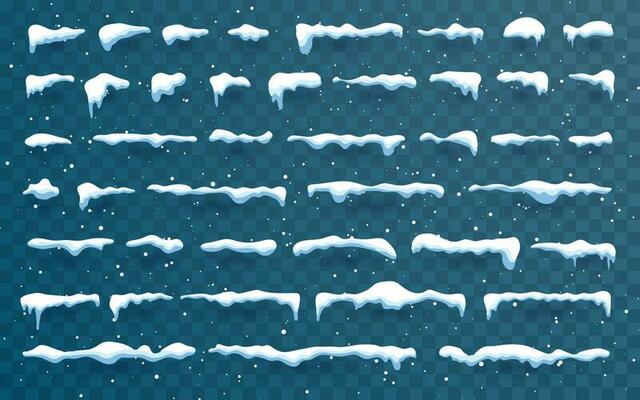 Snow caps, snowballs and snowdrifts set. Snow cap vector collection. Winter decoration element. Snowy elements on winter background. Cartoon template. Illustration