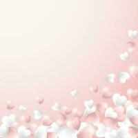 Happy Valentines Day background, pink and white hearts on light pink background. Vector illustration