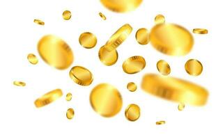 Realistic gold coins explosion isolated on white background. Vector illustration