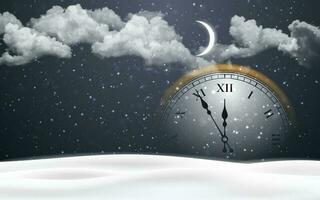 New Year poster with clock and Christmas snow. Falling snowflakes on dark background. Snowfall. Vector illustration