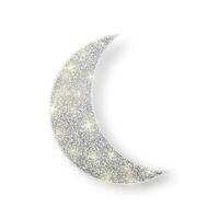 Silver shiny glitter glowing half moon with shadow isolated on white background. Crescent Islamic for Ramadan Kareem design element. Vector illustration