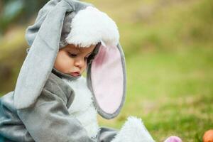 Little baby girl wearing a rabbit costume. Halloween concept photo