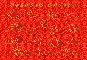 Cloud in Chinese style. Abstract red and gold cloudy set isolated on white background. Vector illustration
