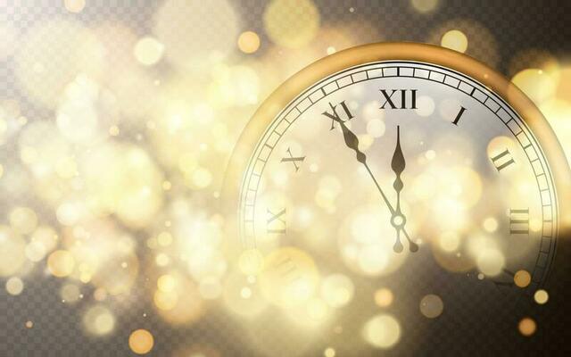 New Year poster with old circle clock and bright bokeh effect. Festive magic luminous background. Holiday design for Christmas. Vector illustration