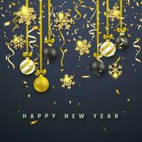 Elegant New Year background with golden and black baubles, shining glitter glowing golden snowflake. Vector illustration