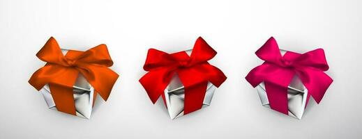 Realistic gift box with red, pink and orange bow isolated on gray background. Vector illustration