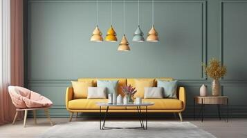 Living room in home interior, wall mockup, 3d render. photo