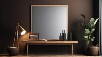 Picture frame mockup hanging in a modern living room. photo