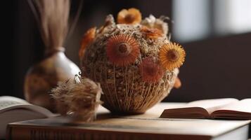 Vase with dry flower and book close up in home interior background. photo