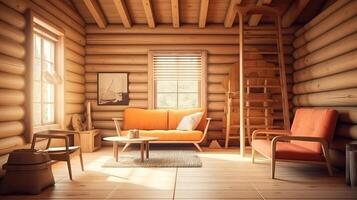 Home mockup, cozy log cabin interior background, 3d render. photo