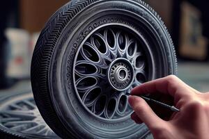 Car service worker polishing car wheels with microfiber cloth. photo