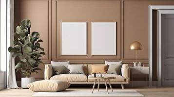 Frame mockup in home interior with decoration, living room in brown warm color. photo