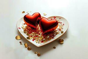 Excellent Heart-shaped plate and Valentines Day decorations on table photo