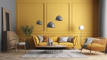 Scandinavian living room interior, wall mockup, 3d render, Bright color. photo
