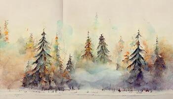 Watercolor abstract woodland, fir trees silhouette with ashes and splashes, winter background hand drawn illustration. photo