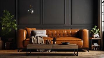 Art Deco interior design is classic. a sofa with a table light and vase. photo