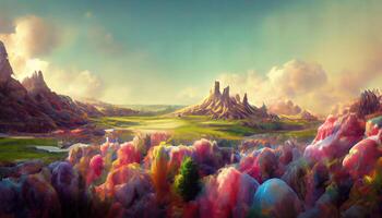 3d rendering of a colorful fantasy landscape, Detailed, colored. photo