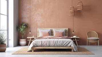 Home interior mock-up, blank wall in Scandinavian bedroom interior. photo