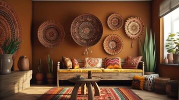 Stylish scandinavian living room with design mint sofa furnitures mock up poster. photo