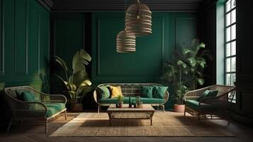Home interior with rattan furniture and decor in dark green living room. photo