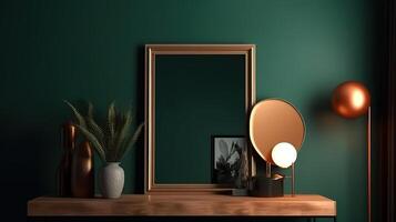 Frame mockup in dark green home interior, 3d render. photo