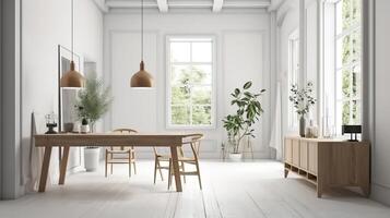 Home mockup, white room with natural wooden furniture. photo