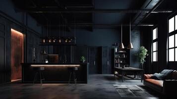 Modern dark home interior background, industrial style, 3d render. photo