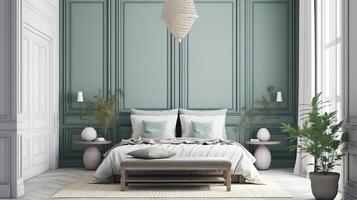 Realistic modern double bedroom with furniture and a frame. photo