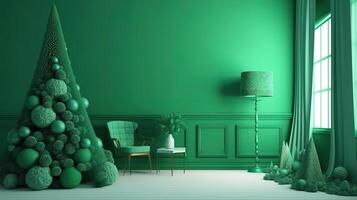 Green room decorated for Christmas, wall mockup. photo
