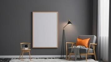Mockup poster frame in modern interior, grey room with brown decoration. photo