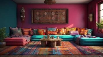 Living room interior, ethnic style, 3d render. photo