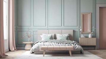 Picture frame mockup in a bright and clean modern bedroom. photo