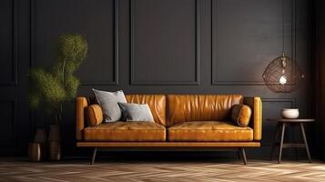Home interior mock-up with brown leather sofa, table and decor in living room. photo