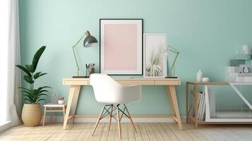 Cozy workplace interior at home with frame mockup. photo