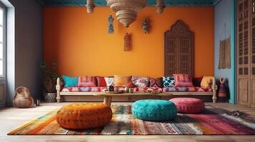 Living room interior, ethnic style, 3d render. photo