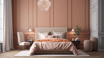 Picture frame mockup leaning in minimal bedroom. photo