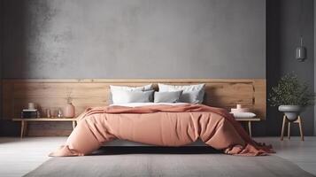 Home interior mock-up, blank wall in Scandinavian bedroom interior. photo