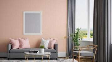 Frame mockup in living room interior background, 3d render, Bright color. photo