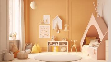 Mock up wall in children's room with cream color room design. photo