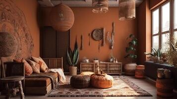 Home interior with ethnic boho decoration, living room in brown warm color. photo