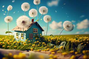 Lot of dandelions close-up on nature in spring. photo